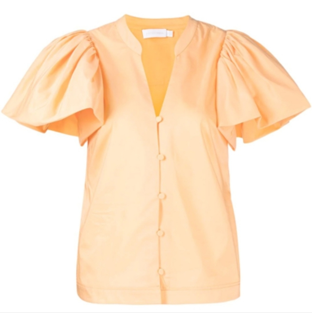 Jonathan Simkha Hallie Tangerine V-Neck Button Down Short Puff Sleeve Blouse